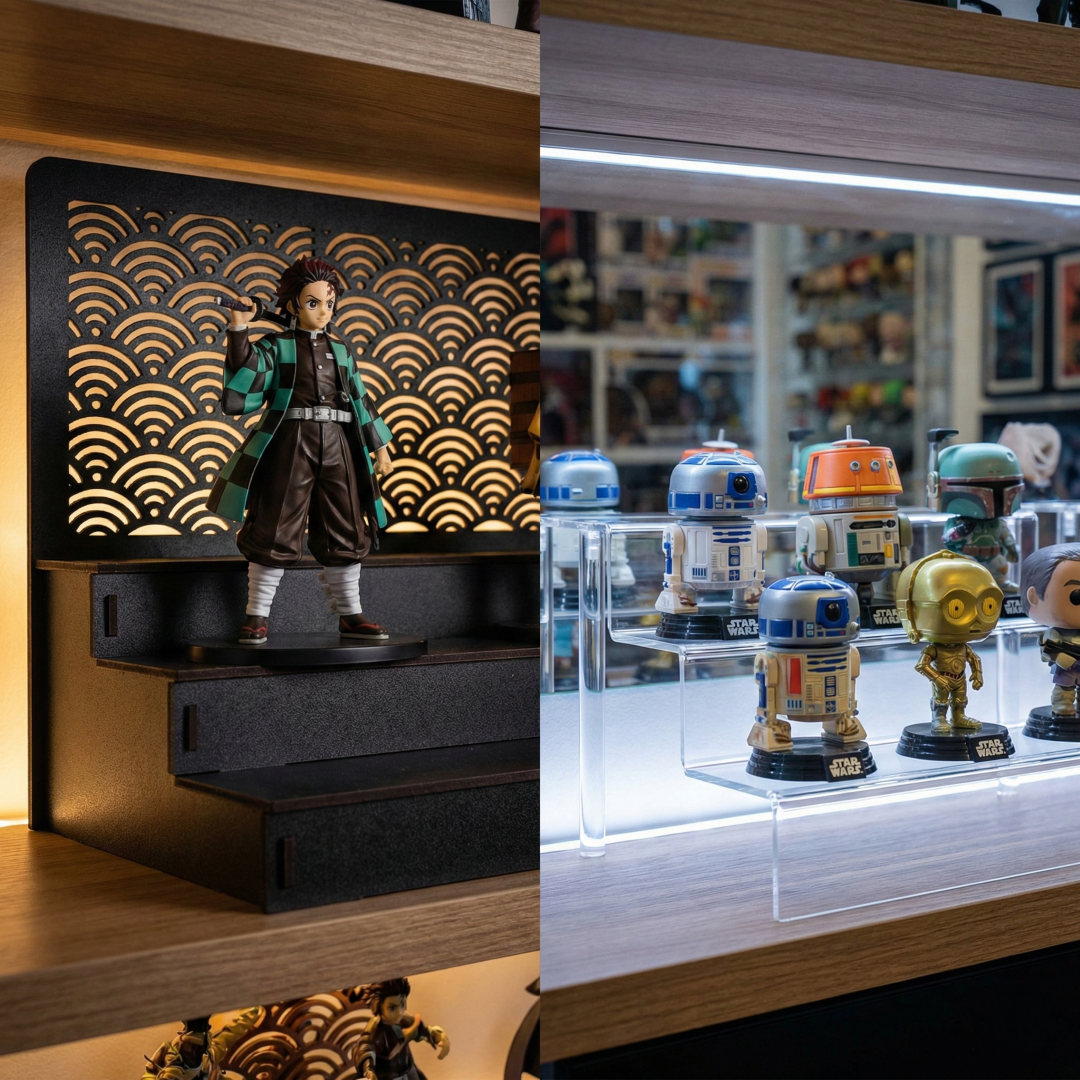MDF vs. Acrílico: Elige el trono perfecto para tus figuras de colección