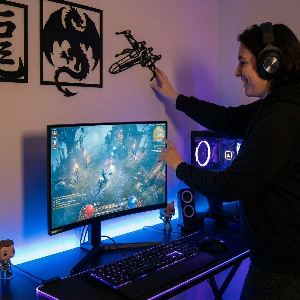 Mujer gamer instalando fácilmente un cuadro decorativo de MDF calado (silueta de nave) en la pared de su setup con iluminación RGB, sin utilizar clavos ni dañar la superficie.