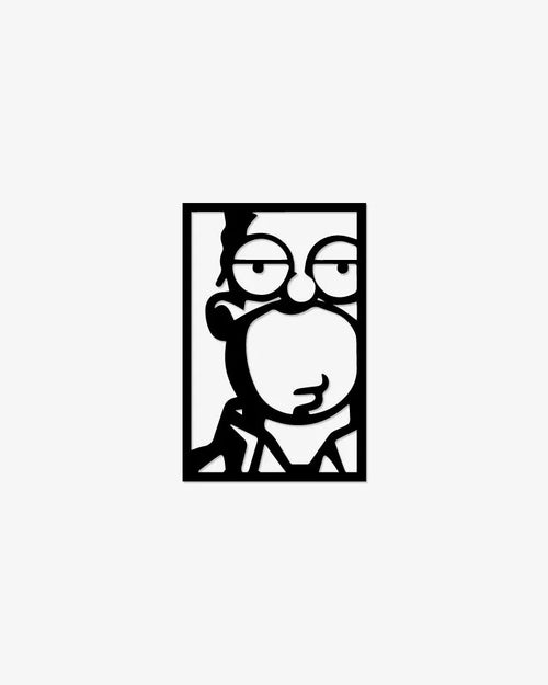 Cuadro decorativo de la silueta icónica de Homero Simpson, fabricado en madera MDF negra con corte láser de precisión, estilo minimalista para decoración de interiores.