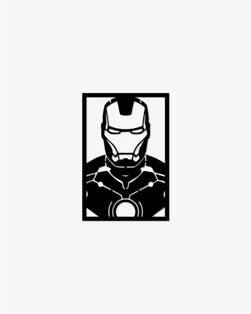 Cuadro decorativo de la silueta de Iron Man fabricado en madera MDF negra con corte láser de precisión, diseño minimalista de Marvel para decoración de interiores y oficinas.