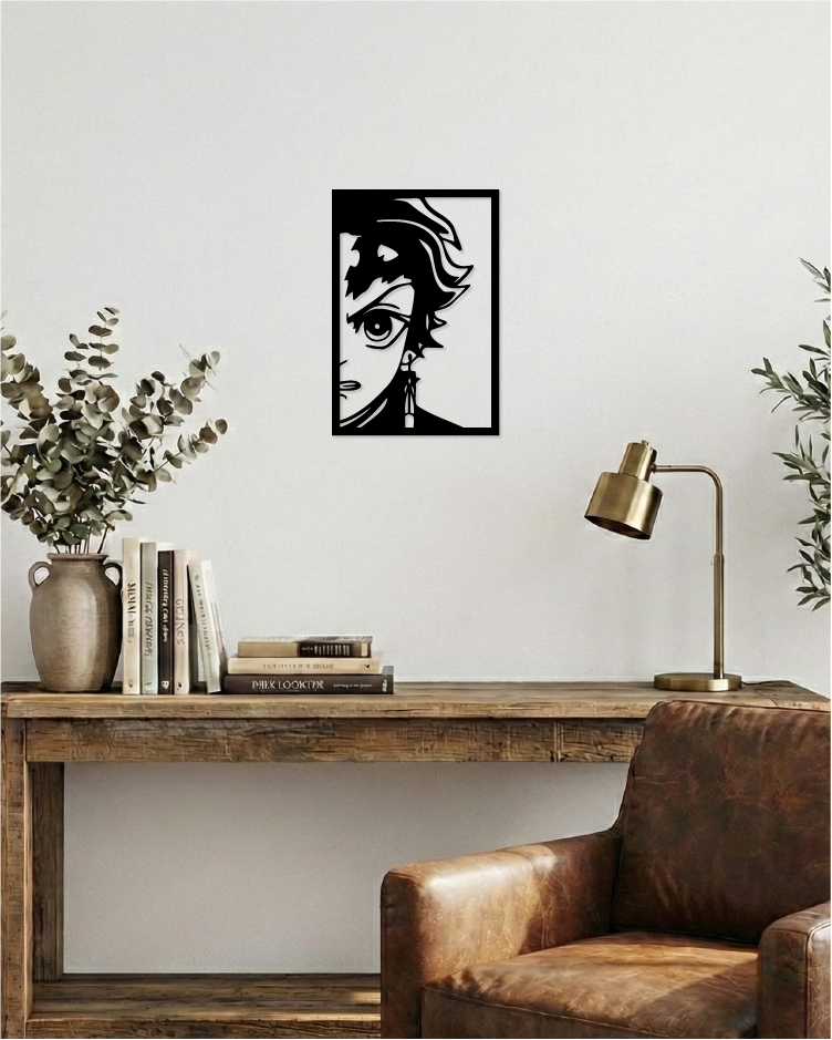 Decoración de oficina con estilo industrial, cuadro calado en madera negra de diseño sobrio inspirado en guerreros.