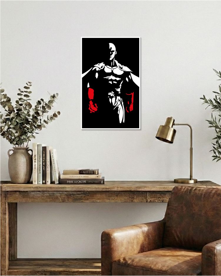 Decoración de oficina con estilo industrial, cuadro calado de icono japonés en madera negra y vinilo rojo.