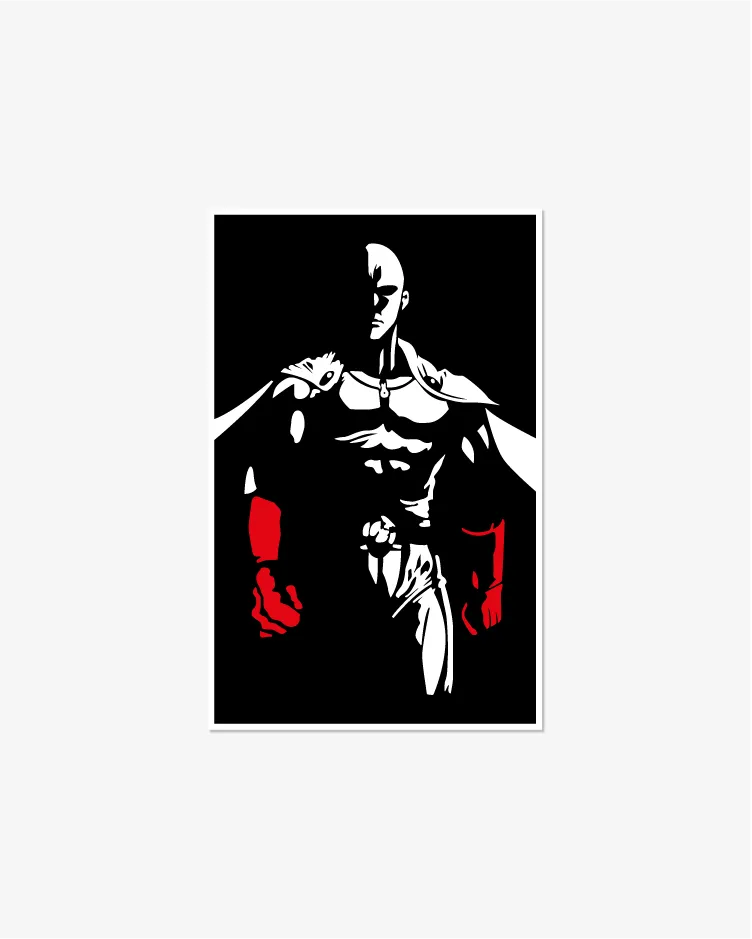 Cuadro decorativo con la silueta de Saitama del anime One Punch Man, Edición Limitada en madera MDF negra con corte láser de precisión para decoración de interiores.