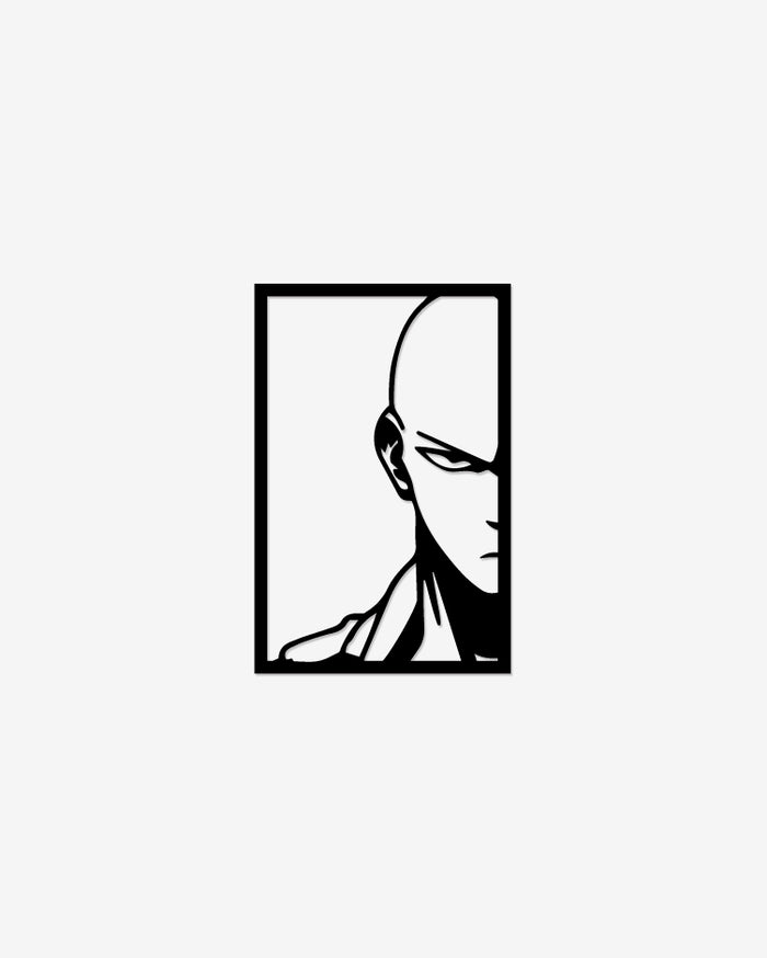 Cuadro decorativo de la silueta de Saitama del anime One Punch Man, fabricado en madera MDF negra con diseño minimalista para decoración de paredes gamer y otaku.