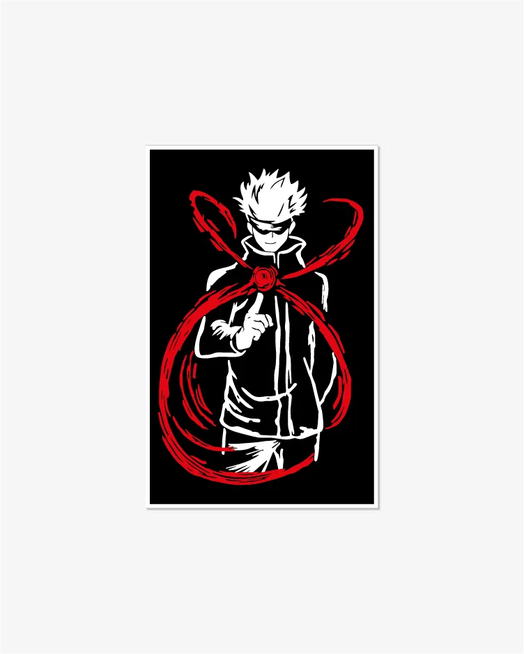 Cuadro de edición limitada con la silueta de Satoru Gojo de Jujutsu Kaisen, fabricado en madera MDF negra con diseño exclusivo para coleccionistas de anime y arte geek.