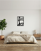 Arte de pared minimalista en cabecera de cama, silueta del padre de familia en MDF para un dormitorio moderno.