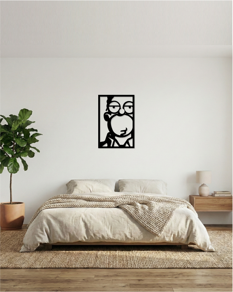 Arte de pared minimalista en cabecera de cama, silueta del padre de familia en MDF para un dormitorio moderno.