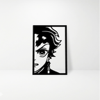 Vista lateral de arte de pared de guerrero con marca en madera MDF, resaltando el relieve y el acabado mate.