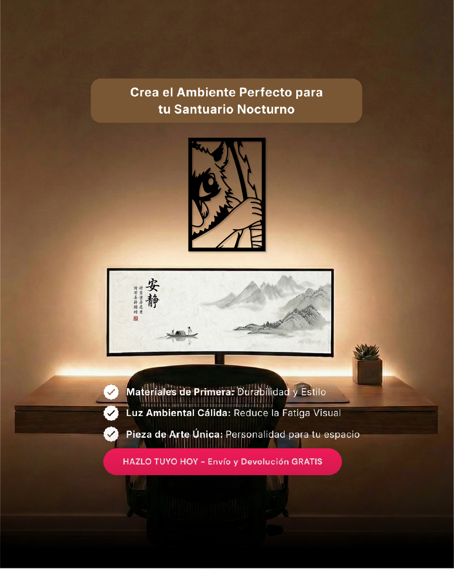 Arte de pared temático para setup gamer con silueta de icono bestial en MDF, ideal para coleccionistas de anime.