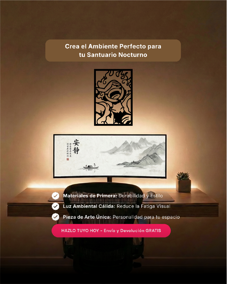 Arte de pared temático para setup gamer con silueta de icono de libertad en MDF, ideal para coleccionistas de anime.