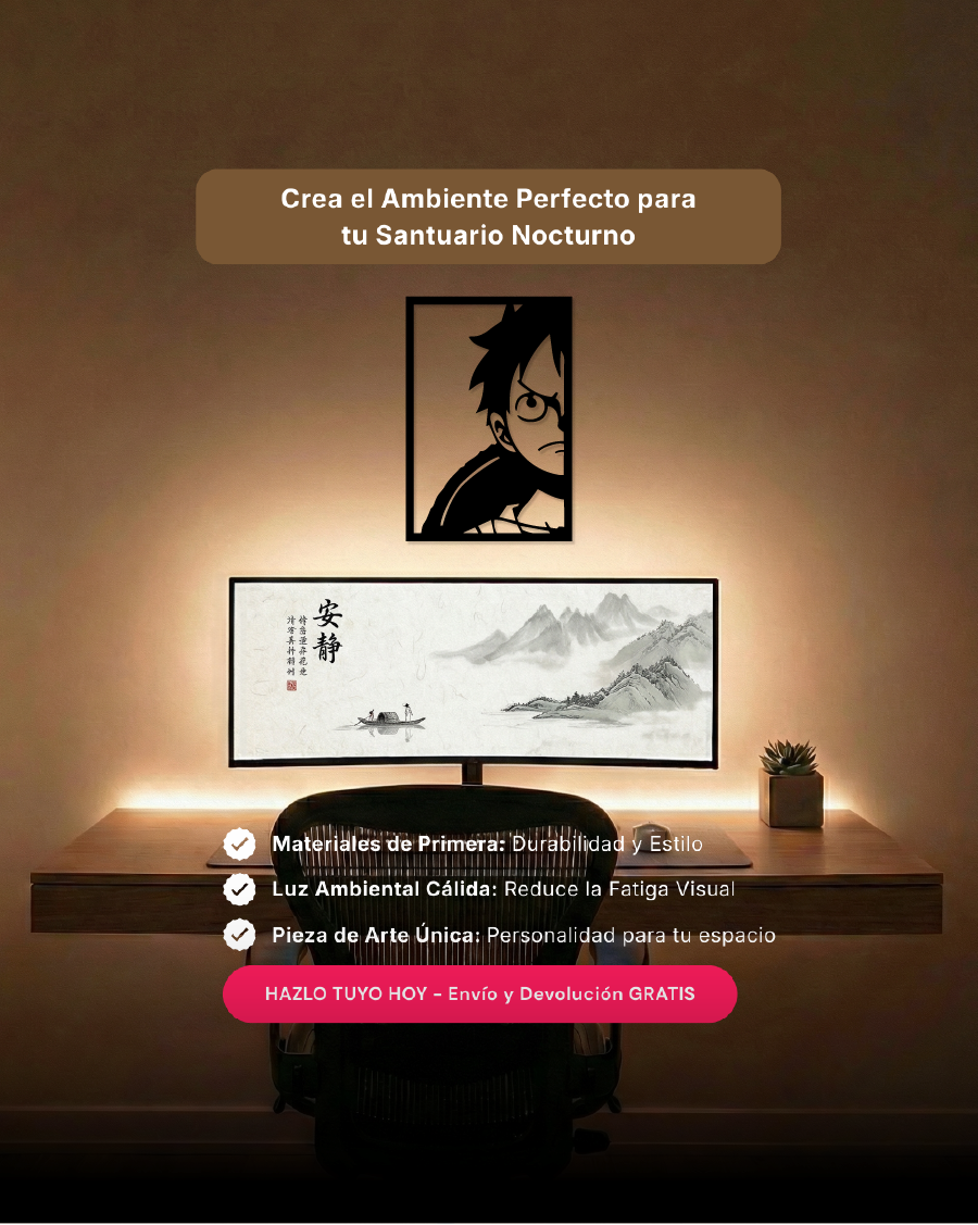 Arte de pared temático para setup gamer con silueta de aventurero del amanecer en MDF, ideal para coleccionistas de anime.