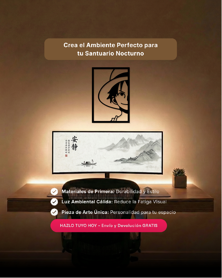 Arte de pared temático para setup gamer con silueta de aventurero del mar en MDF, ideal para ambientes de anime.