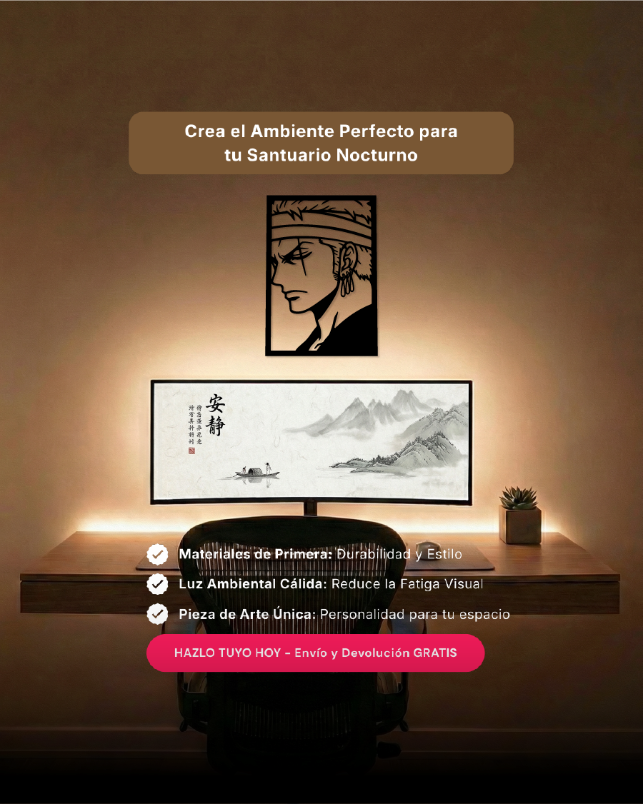 Arte de pared temático para setup gamer con silueta de guerrero del mar en MDF, ideal para ambientes de anime.