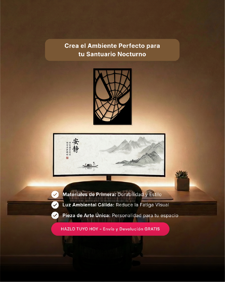 Arte de pared temático para setup gamer con silueta de héroe arácnido en MDF, ideal para ambientes con luces RGB.