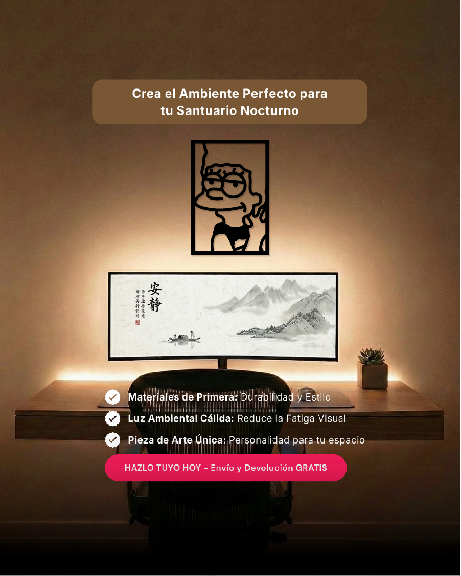 Arte de pared geek para setup gamer con silueta de icono animado en MDF negro, ideal para ambientes creativos.