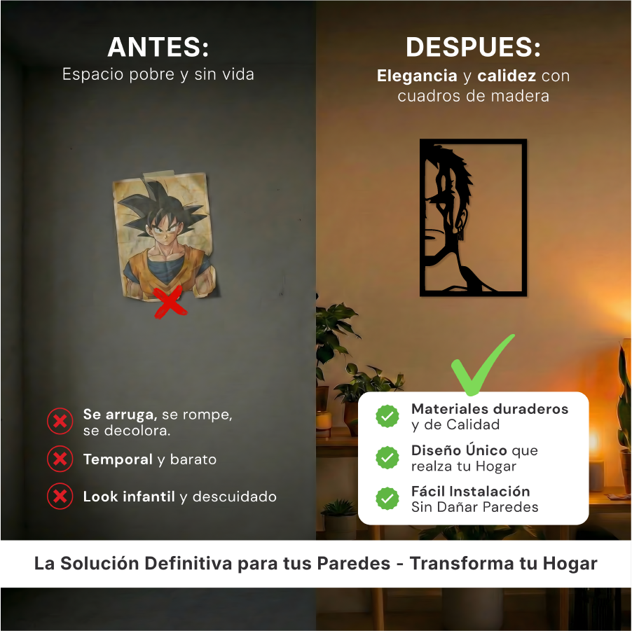 Comparativa de tamaño del cuadro del espadachín legendario sobre un mueble, referencia de escala para decoración moderna.