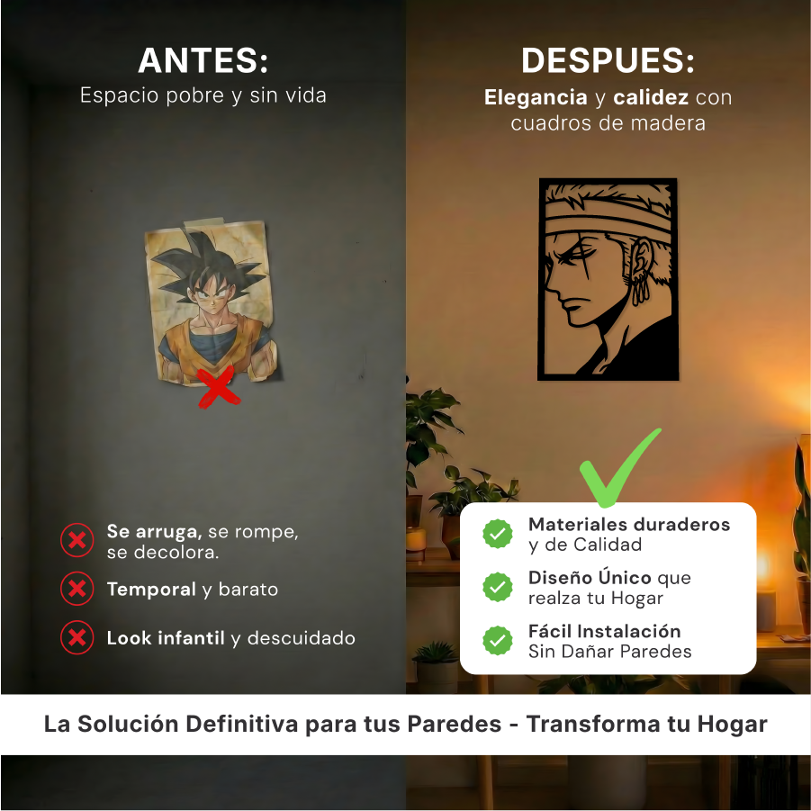Comparativa de tamaño del cuadro del espadachín pirata sobre un mueble, referencia de escala para decoración.