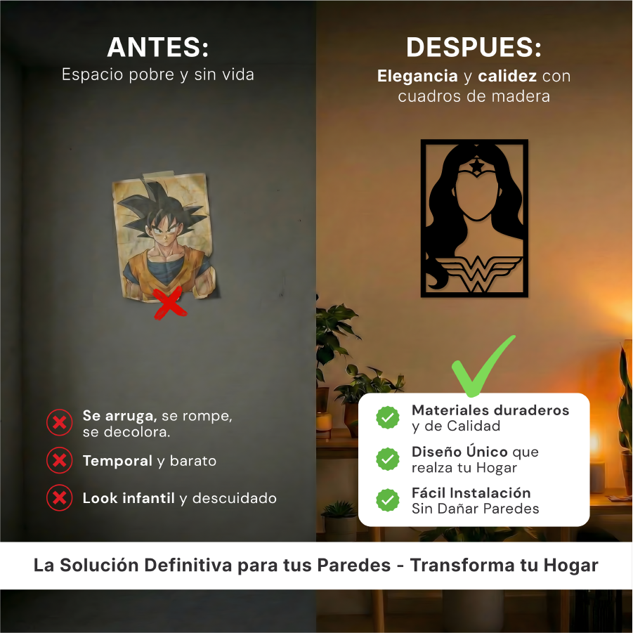 Comparación de escala del cuadro de la guerrera sobre un sofá, ideal para salones modernos y minimalistas.