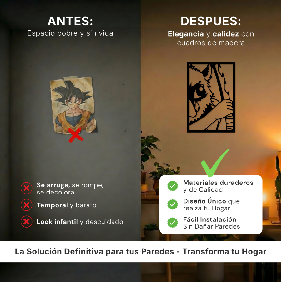 Comparativa de tamaño del cuadro del guerrero salvaje sobre un mueble, referencia de escala para decoración moderna.
