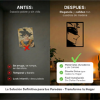 Comparativa de tamaño del cuadro del hechicero de la venda sobre un mueble, referencia de escala para interiores.