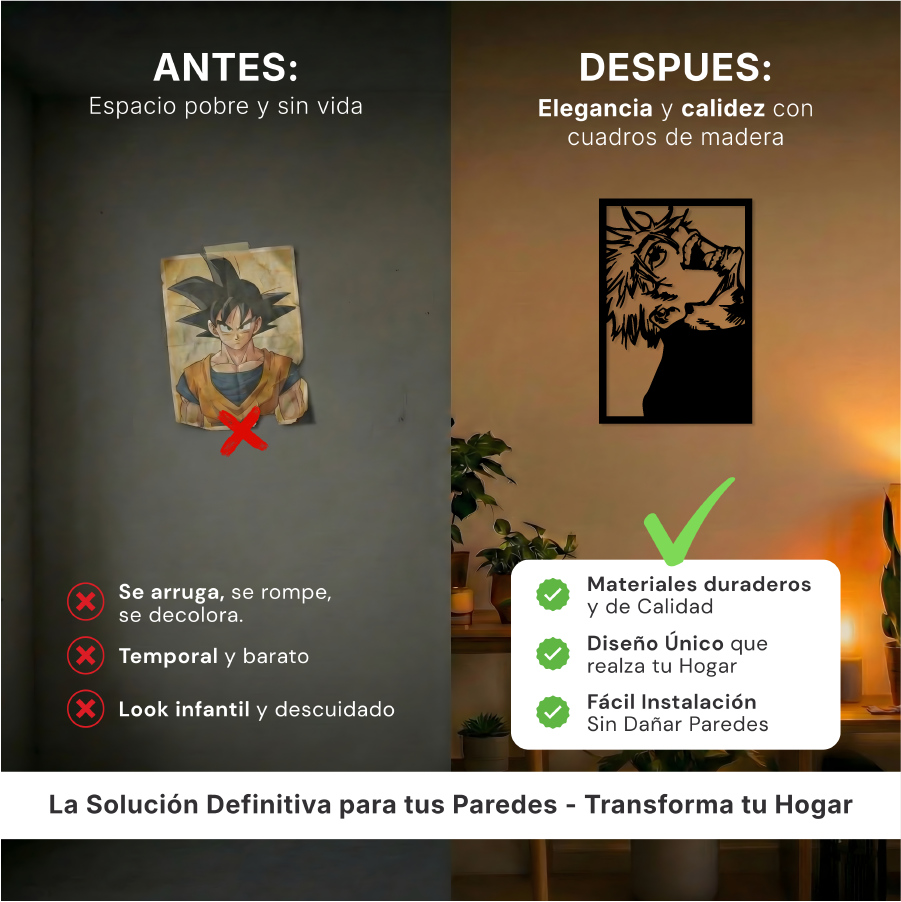 Comparativa de tamaño del cuadro hechicero sobre un mueble, referencia de escala para decoración.