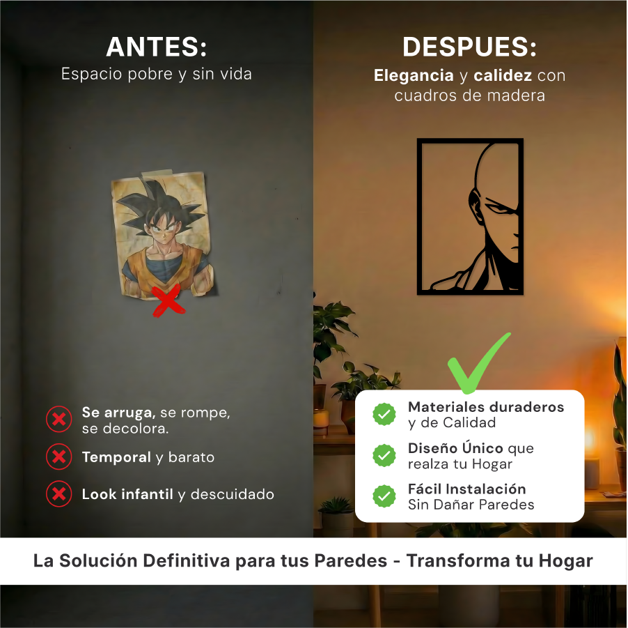 Comparativa de tamaño del cuadro del héroe calvo sobre un mueble de salón, referencia de escala para decoración moderna.