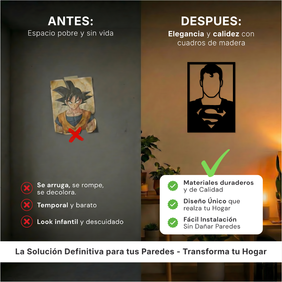 Comparativa de tamaño del cuadro del héroe de leyenda sobre un sofá, ideal para centros de entretenimiento y salones.