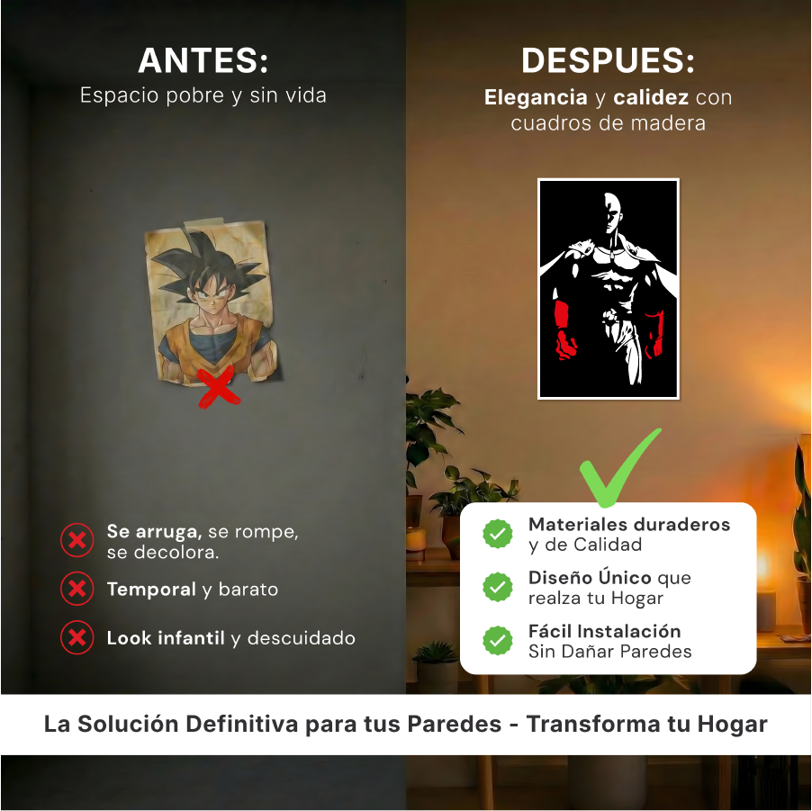 Comparativa de escala del cuadro minimalista del héroe calvo junto a un objeto de escritorio para referencia visual.