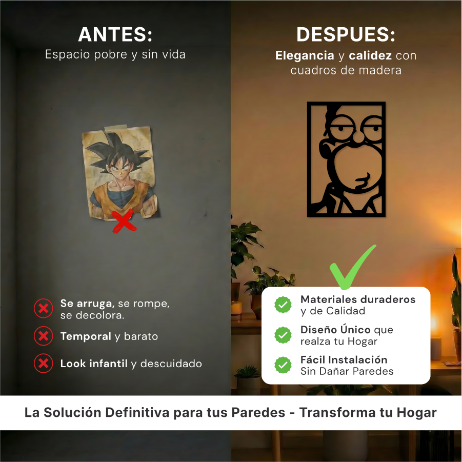 Comparativa de escala del cuadro del padre animado en una pared real, ideal para decorar comedores o salas.