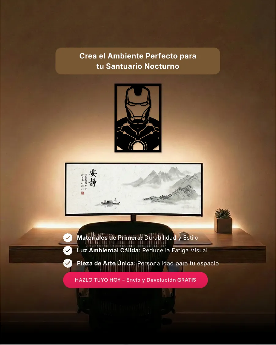 Arte de pared moderno para setup gamer geek con silueta del héroe blindado en MDF negro calado.