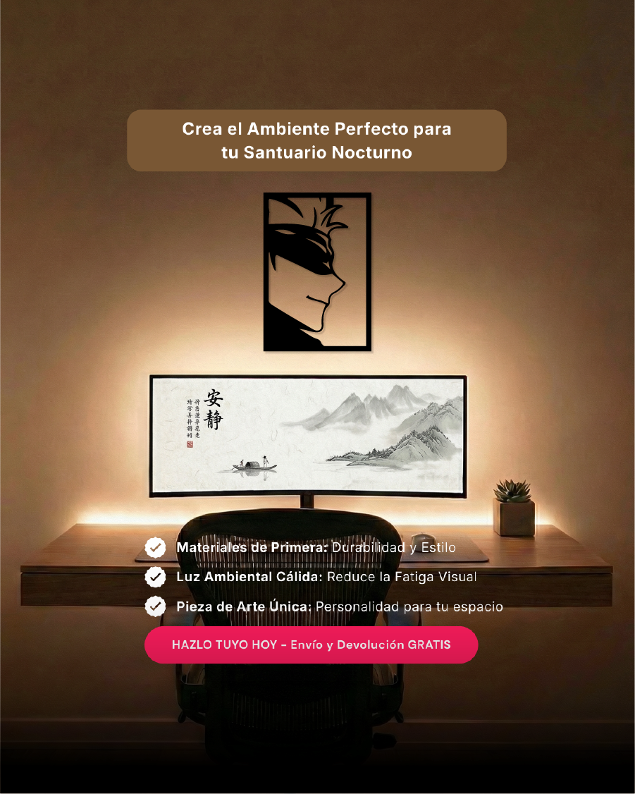 Arte de pared temático para setup gamer con silueta de icono del infinito en MDF, ideal para ambientes de anime.